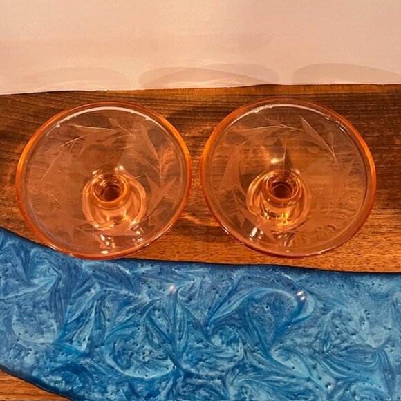 Vintage Pink Depression Glass Etched Flowers Candlesticks - Picture 6 of 7